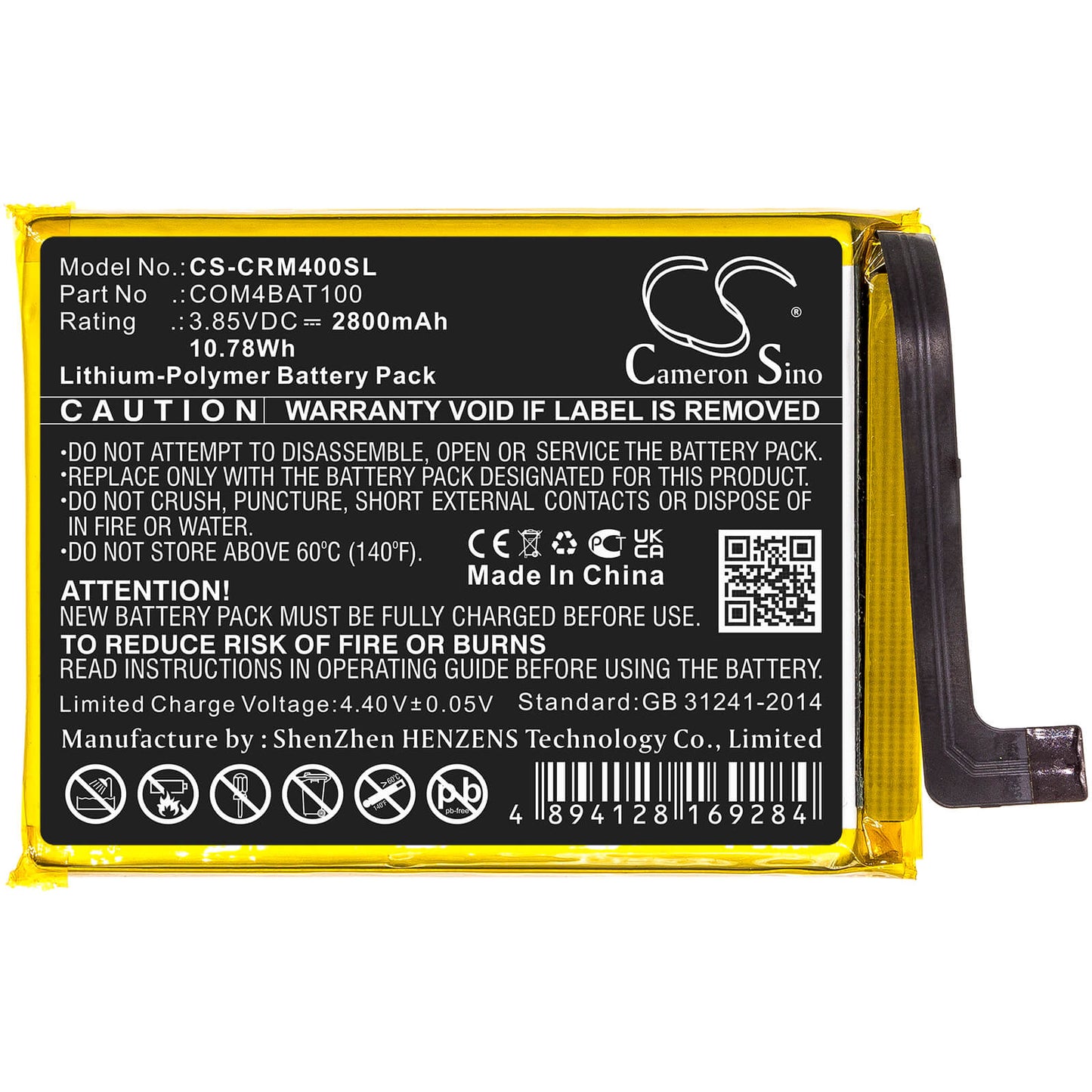 3.85V, 2800mAh, Li-Polymer Battery fits Crosscall, Core M4, Core M4 Go, 10.78Wh