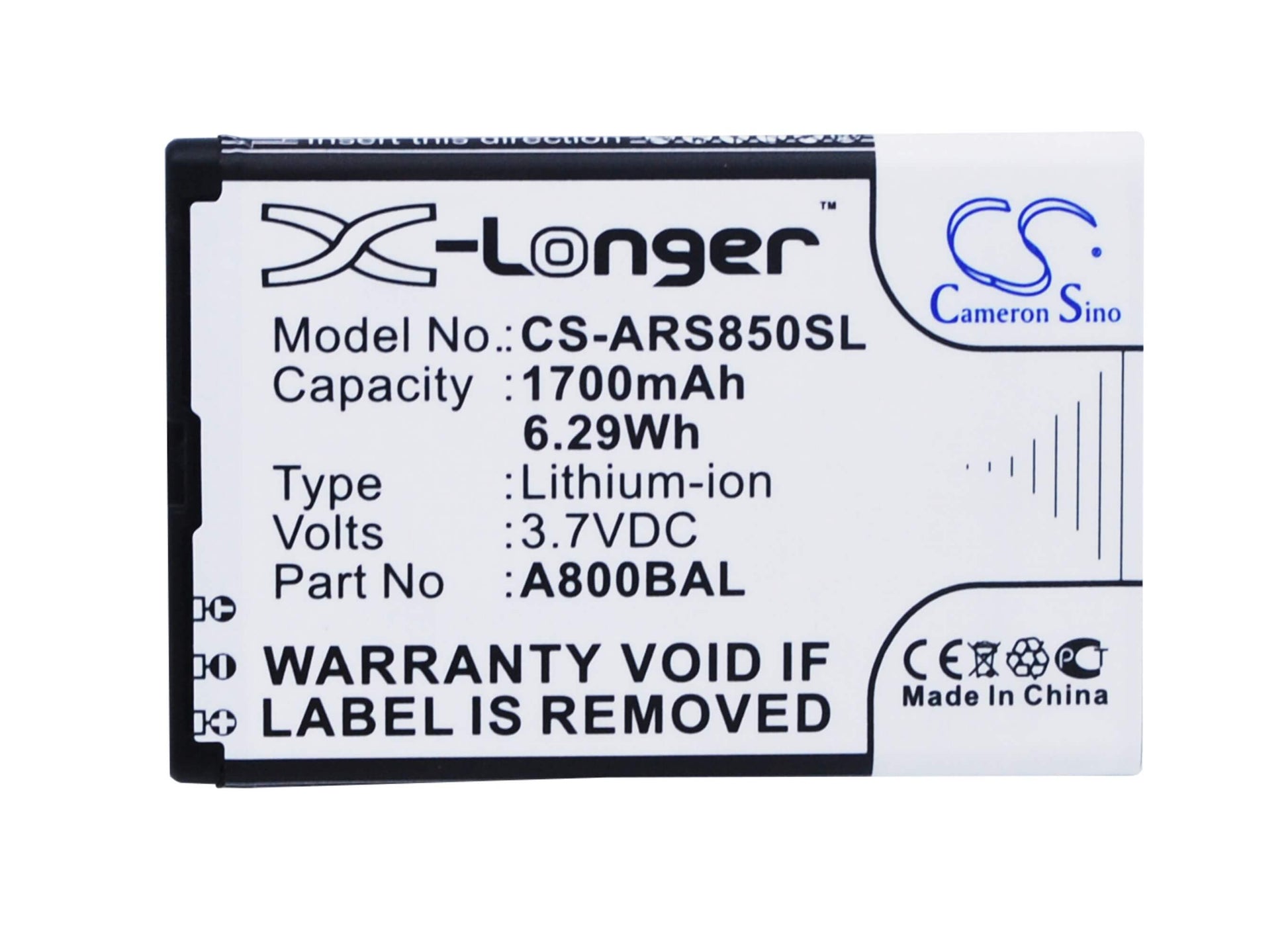 3.7V, 1700mAh, Li-ion Battery fits Cpa, Halo X, 6.29Wh