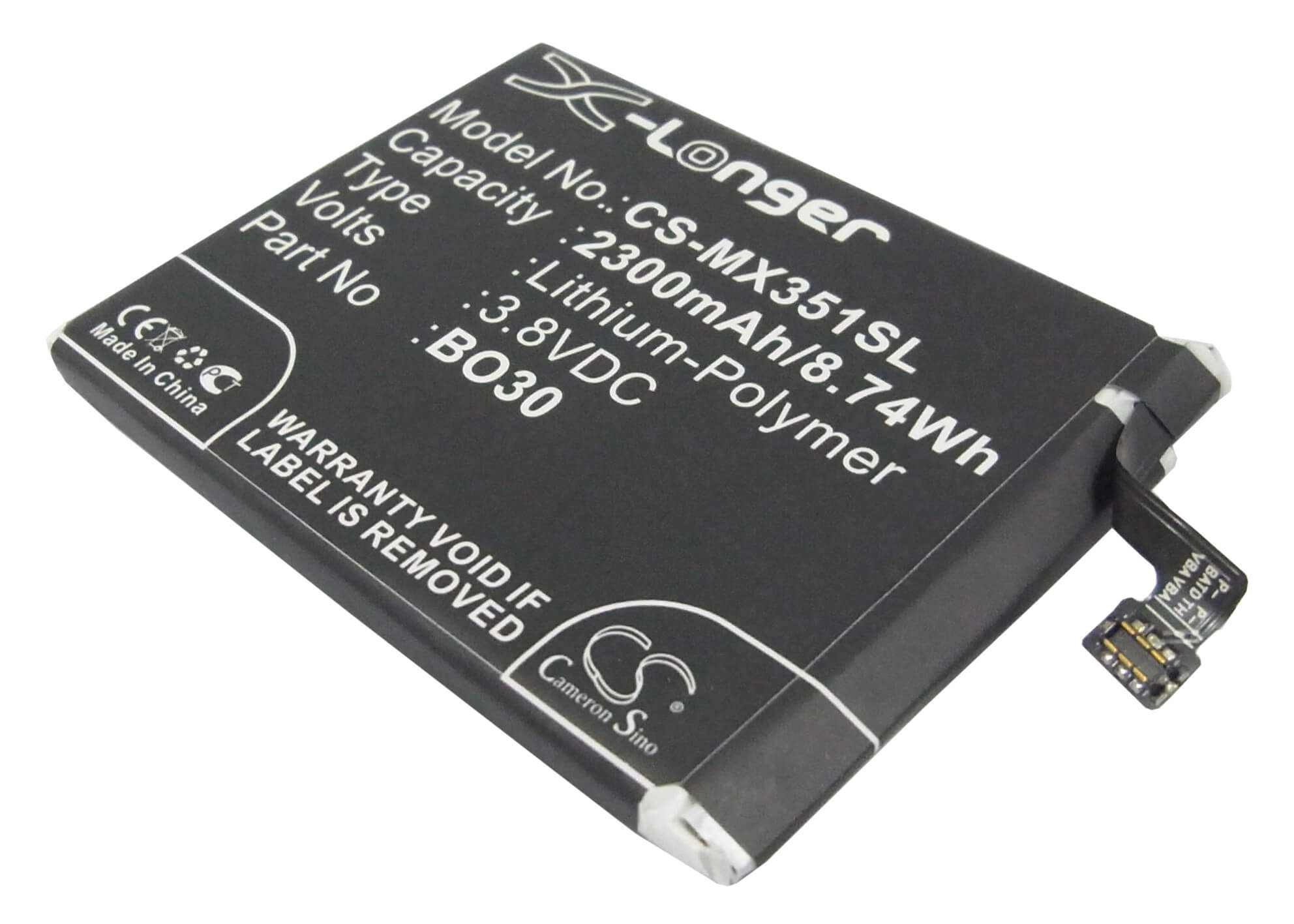 3.8V, 2300mAh, Li-Polymer Battery fits Meizu, M055, M351, 8.74Wh