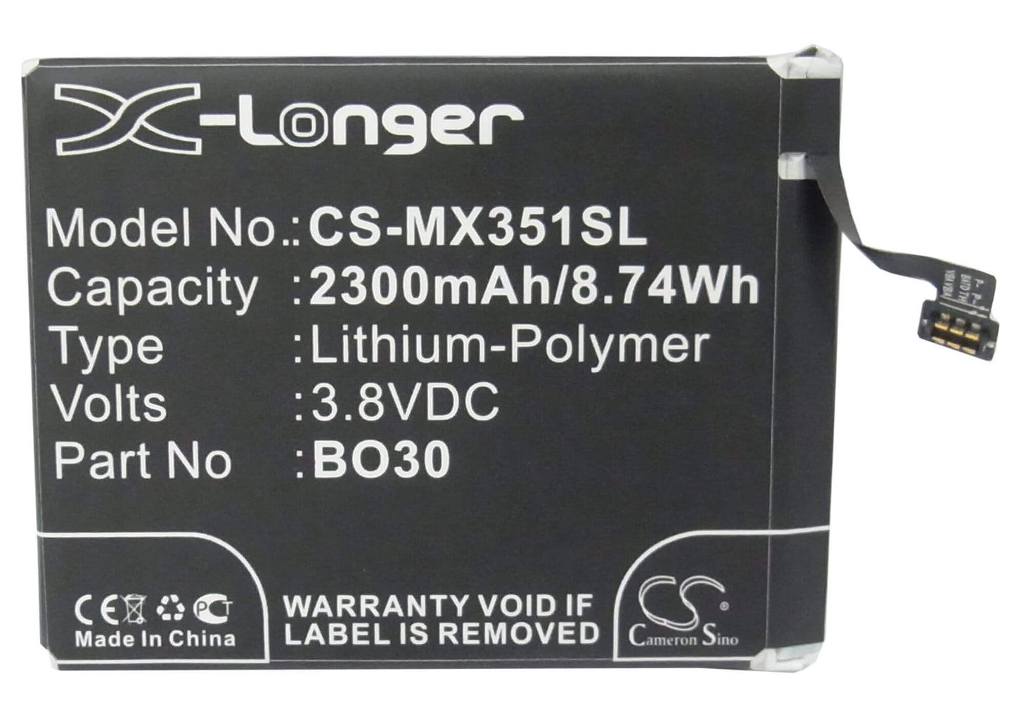 3.8V, 2300mAh, Li-Polymer Battery fits Meizu, M055, M351, 8.74Wh