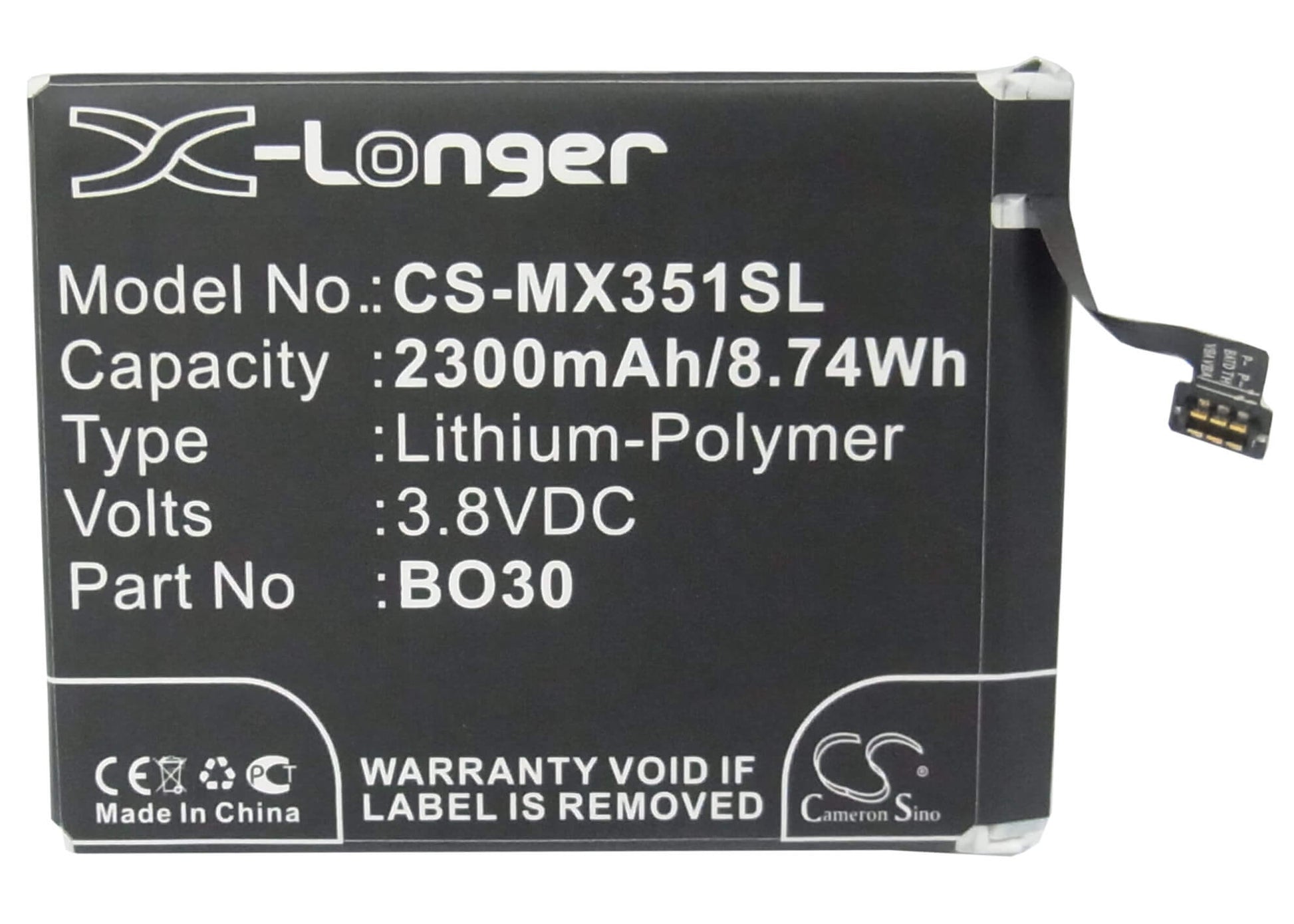 3.8V, 2300mAh, Li-Polymer Battery fits Meizu, M055, M351, 8.74Wh