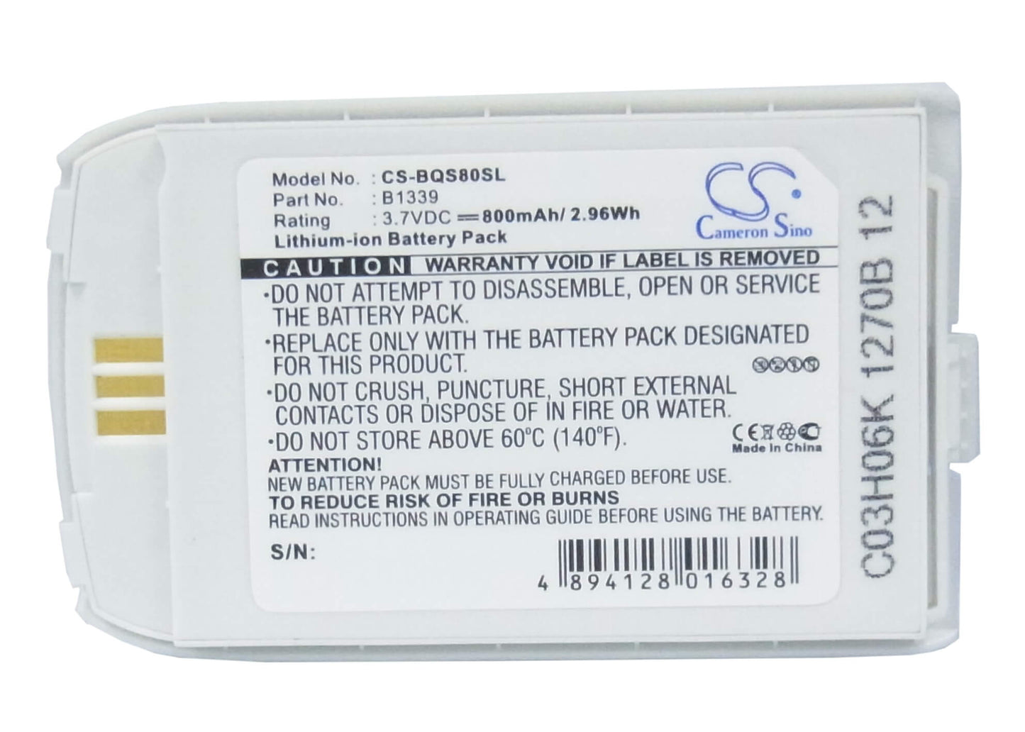 3.7V, 800mAh, Li-ion Battery fits Siemens, O2 X4, S80, 2.96Wh