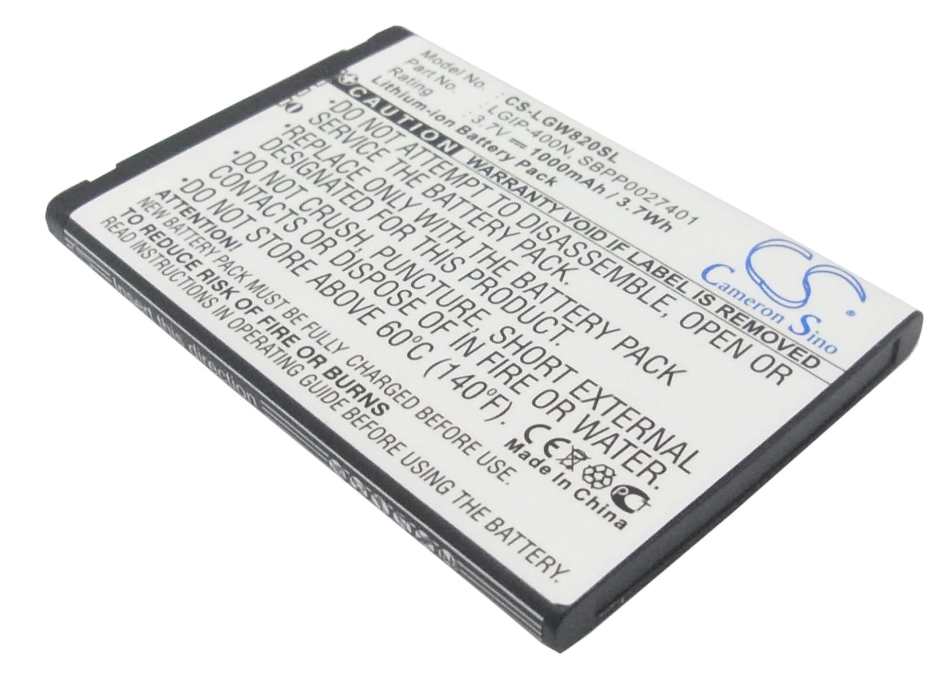 3.7V, 1000mAh, Li-ion Battery fits Lg, Etna, Expo Gw820, 3.7Wh