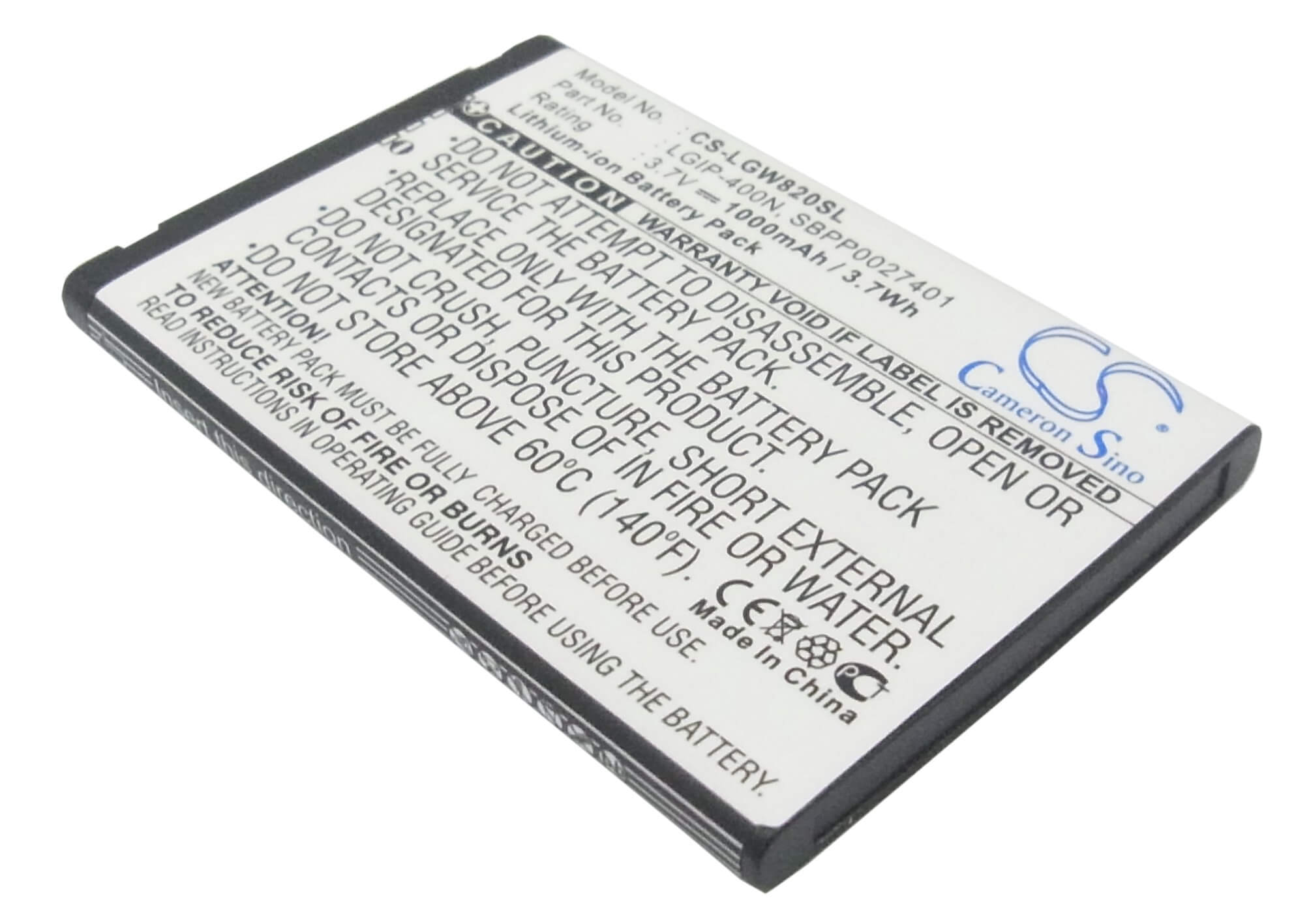 3.7V, 1000mAh, Li-ion Battery fits Lg, Etna, Expo Gw820, 3.7Wh