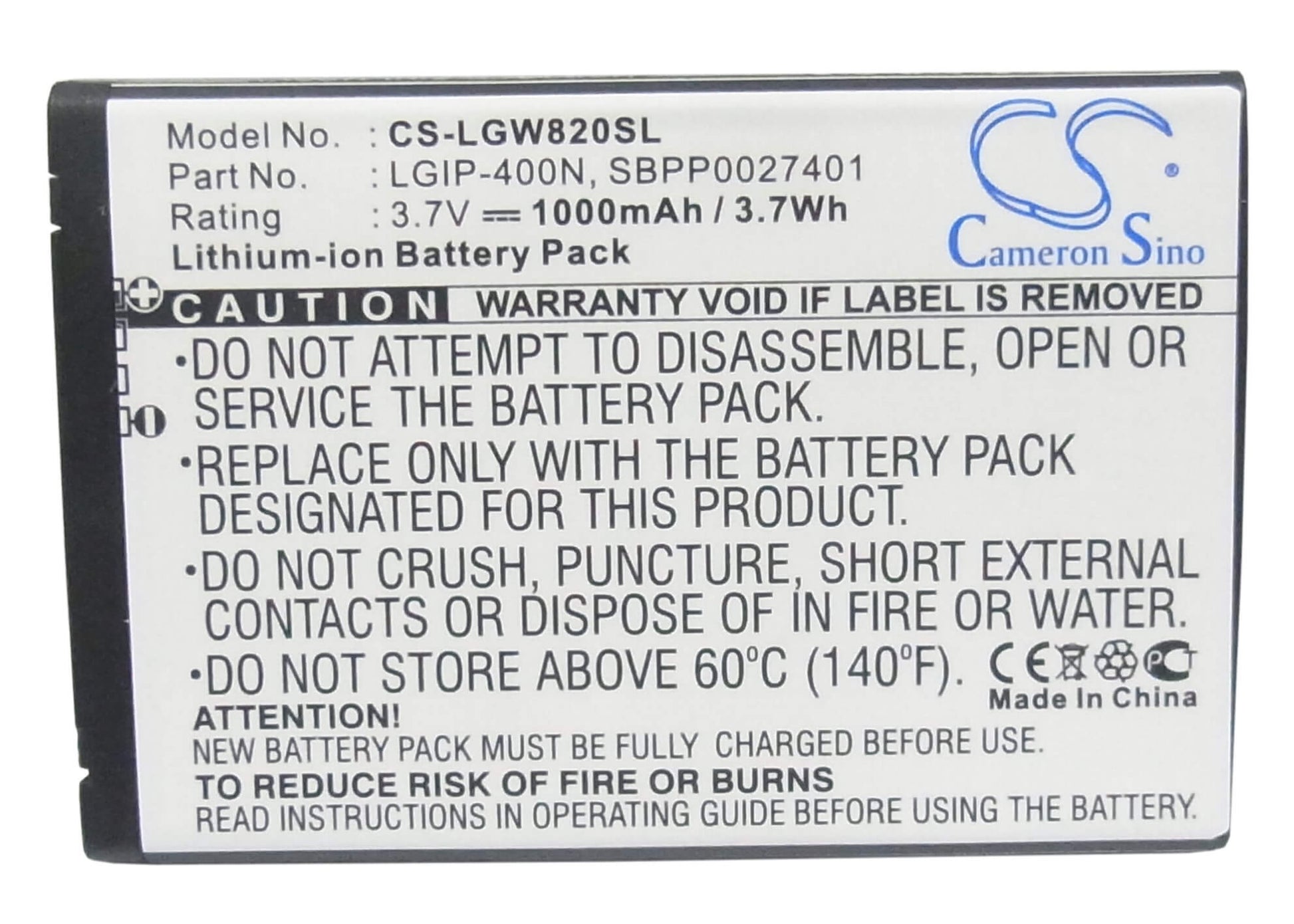 3.7V, 1000mAh, Li-ion Battery fits Lg, Etna, Expo Gw820, 3.7Wh