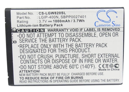 3.7V, 1000mAh, Li-ion Battery fits Lg, Etna, Expo Gw820, 3.7Wh
