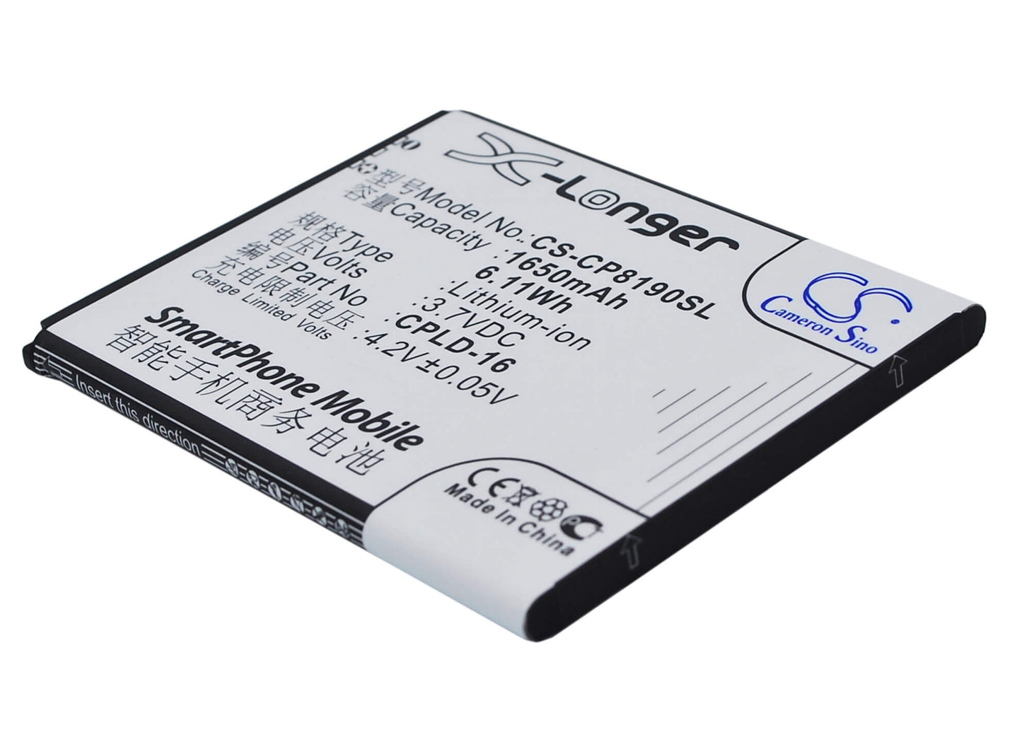 3.7V, 1650mAh, Li-ion Battery fits Coolpad, 8190, 8190q, 6.105Wh