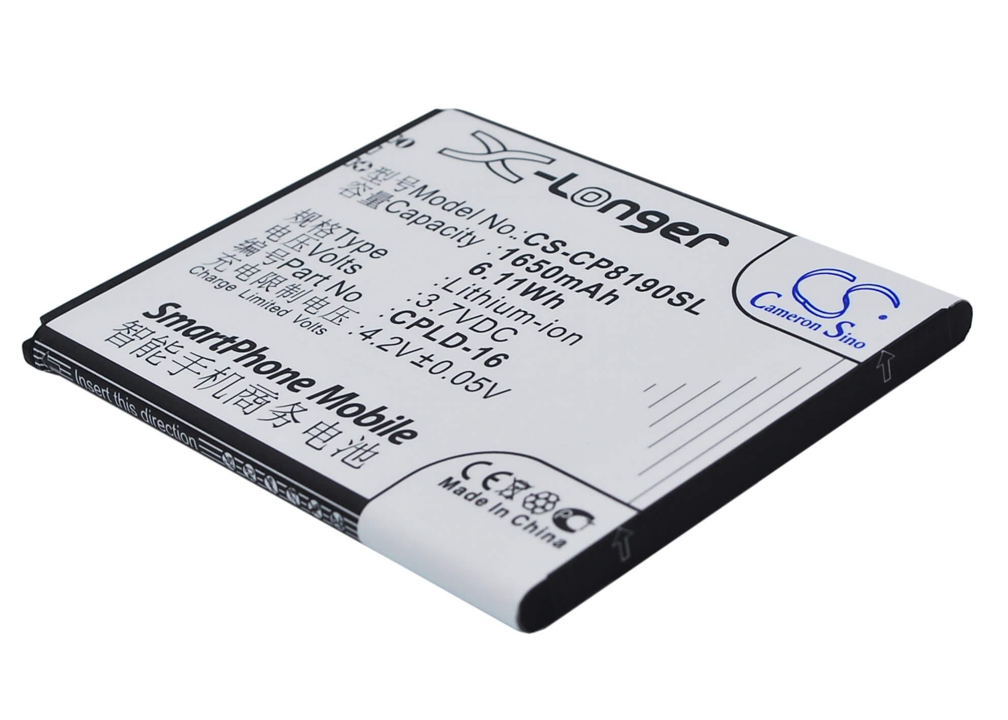 3.7V, 1650mAh, Li-ion Battery fits Coolpad, 8190, 8190q, 6.105Wh