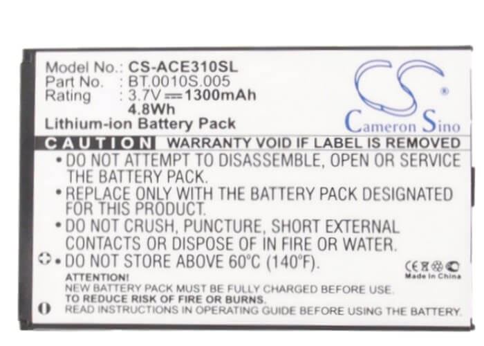 3.7V, 1300mAh, Li-ion Battery fits Acer, Betouch E210, C6, 4.81Wh