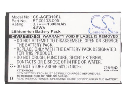3.7V, 1300mAh, Li-ion Battery fits Acer, Betouch E210, C6, 4.81Wh