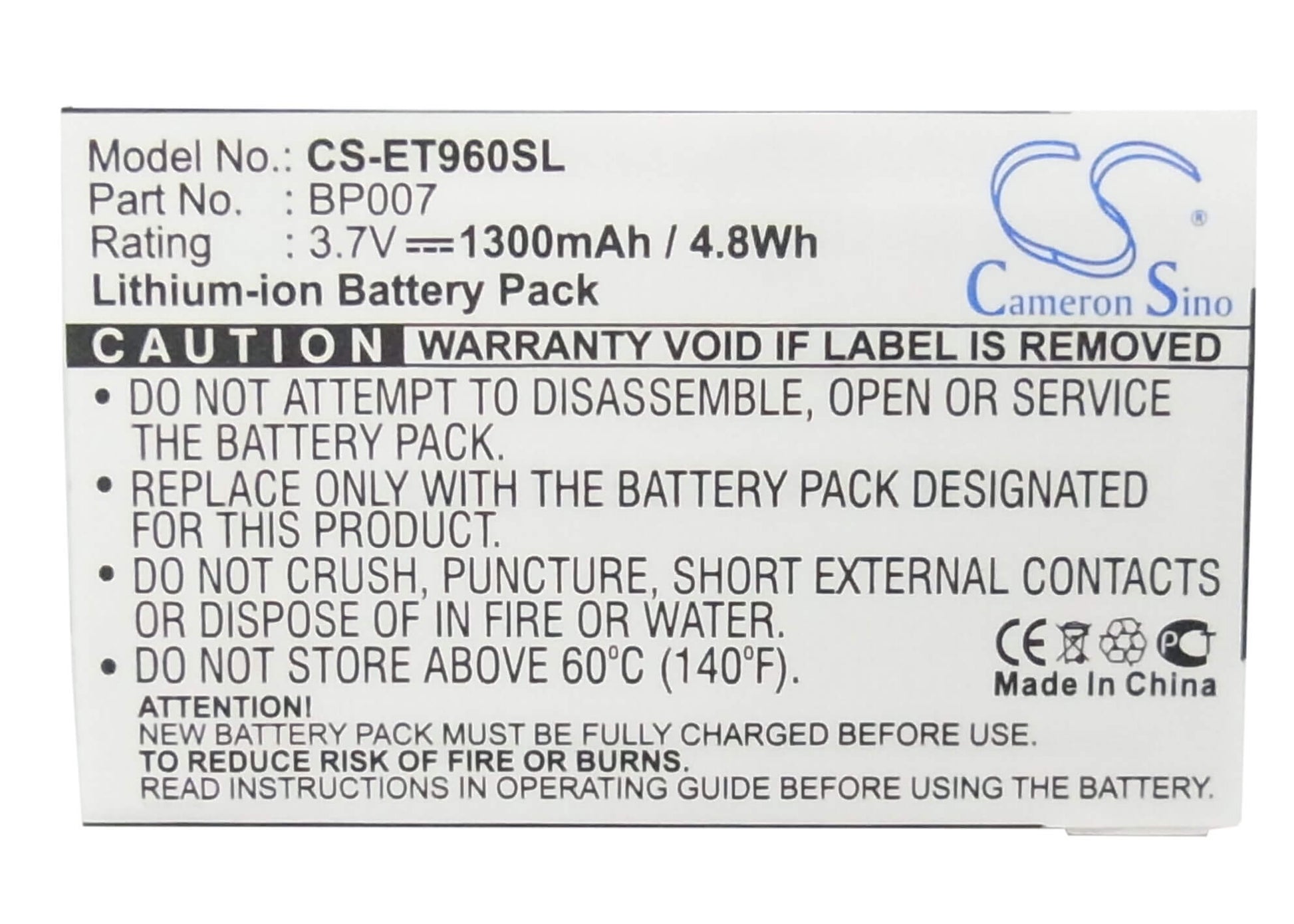 3.7V, 1300mAh, Li-Polymer Battery fits Lenovo, Et960, 4.81Wh