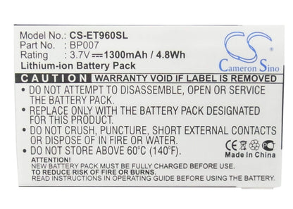 3.7V, 1300mAh, Li-Polymer Battery fits Lenovo, Et960, 4.81Wh