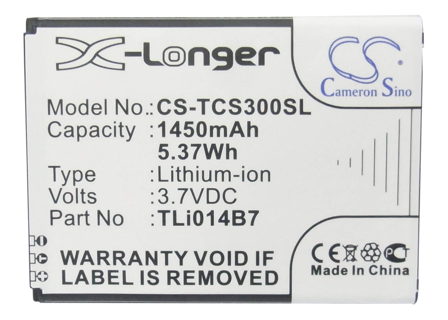 3.7V, 1450mAh, Li-ion Battery fits Tcl, E708, S300t, 5.365Wh