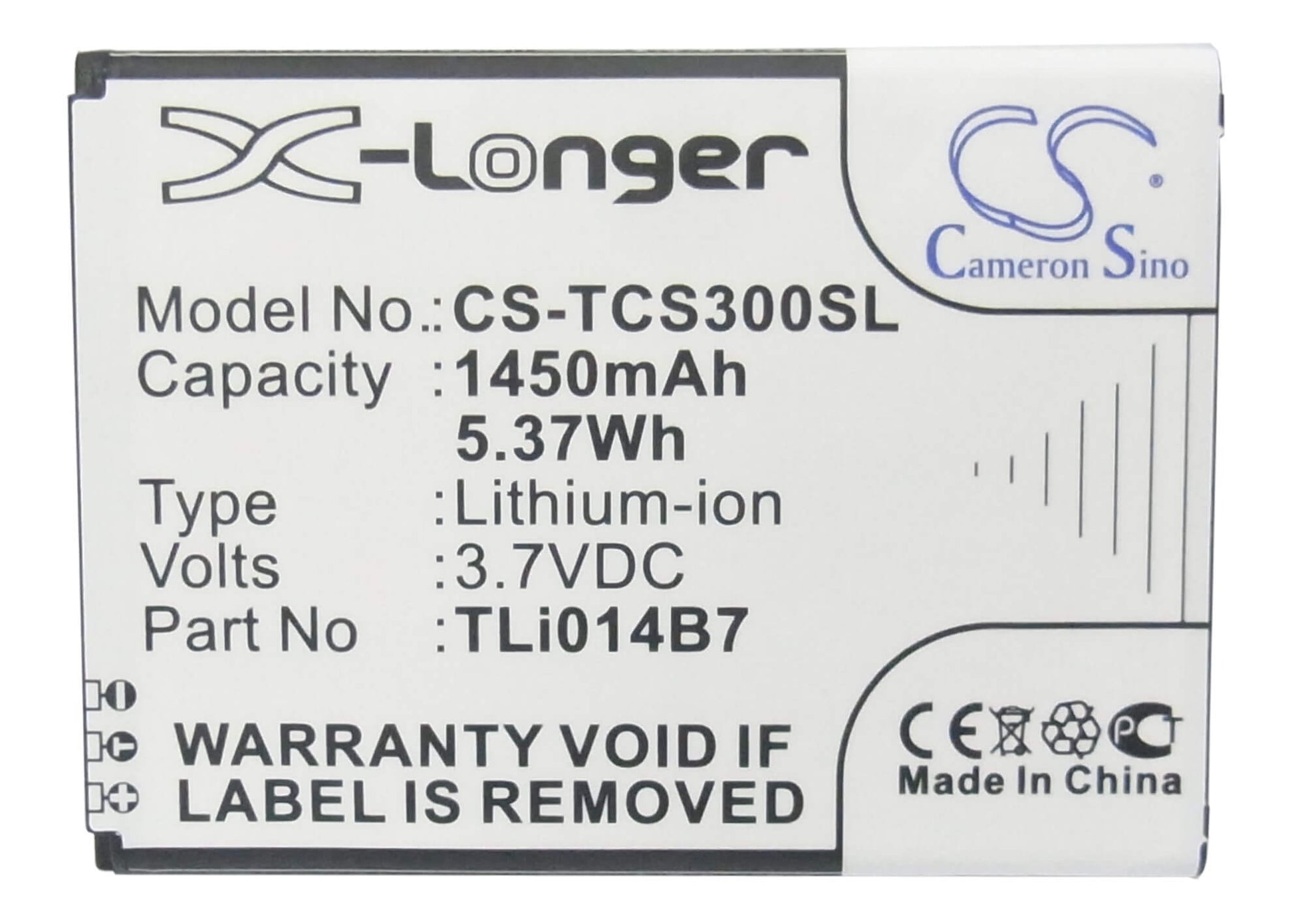 3.7V, 1450mAh, Li-ion Battery fits Tcl, E708, S300t, 5.365Wh