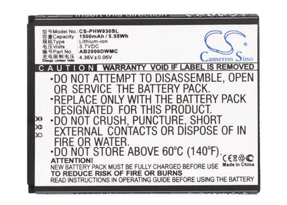 3.7V, 1500mAh, Li-ion Battery fits Philips, T939, W8578, 5.55Wh