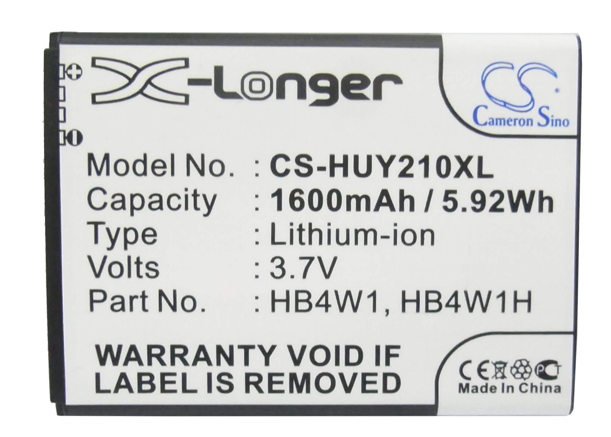 3.7V, 1600mAh, Li-ion Battery fits Huawei, Ascend C8813d, Ascend G520, 5.92Wh