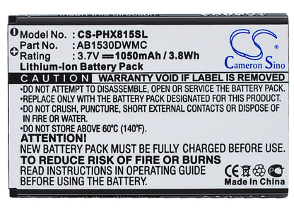 3.7V, 1050mAh, Li-ion Battery fits Philips, V816, X603, 3.885Wh