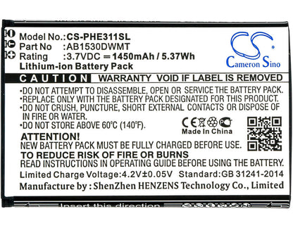 3.7V, 1450mAh, Li-ion Battery fits Philips, Xenium Ct311, Xenium E311, 5.365Wh