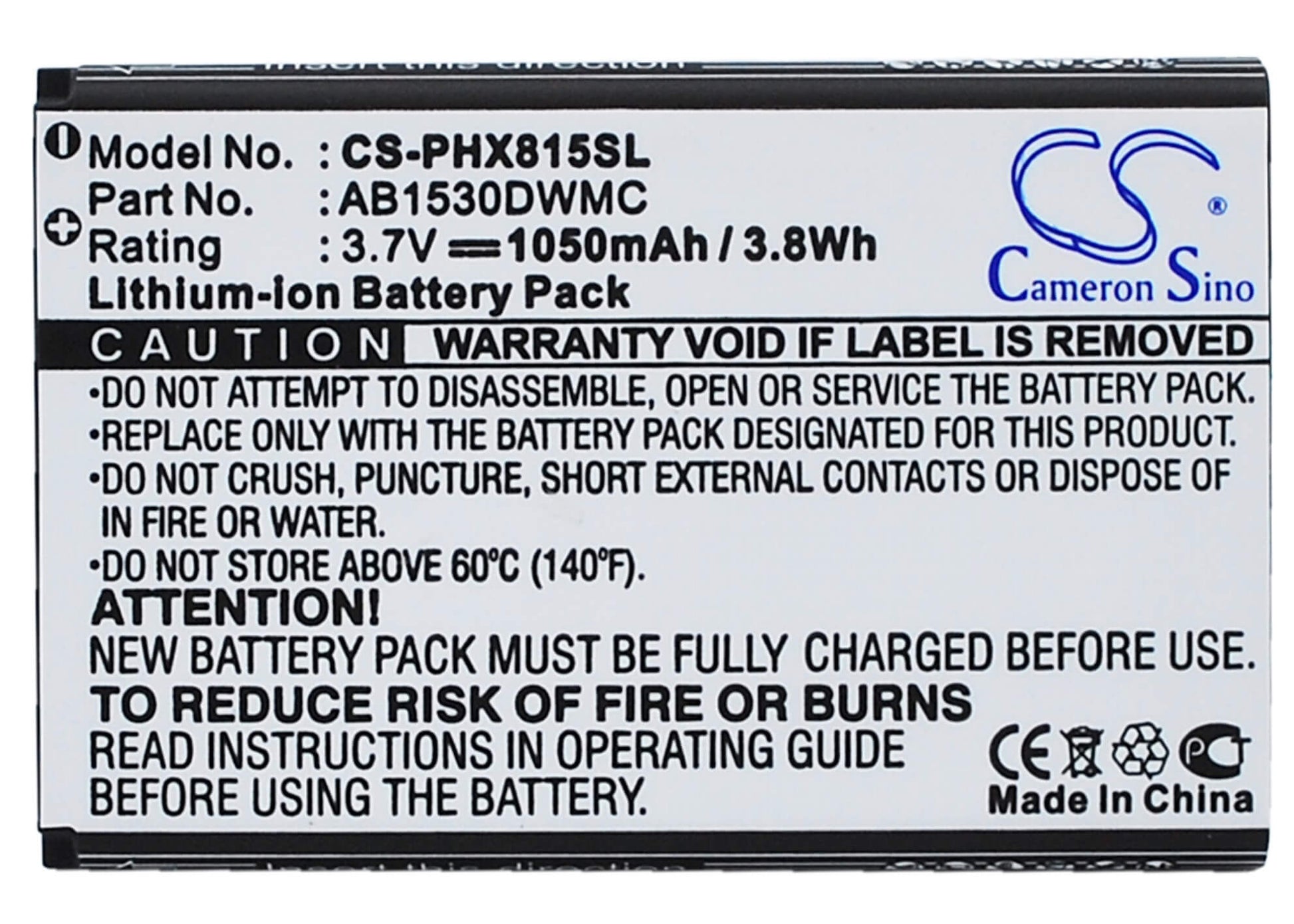 3.7V, 1050mAh, Li-ion Battery fits I-mobile, I858, 3.885Wh