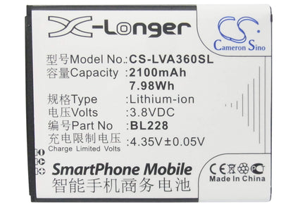 3.8V, 2100mAh, Li-ion Battery fits Lenovo, A360t, 7.98Wh