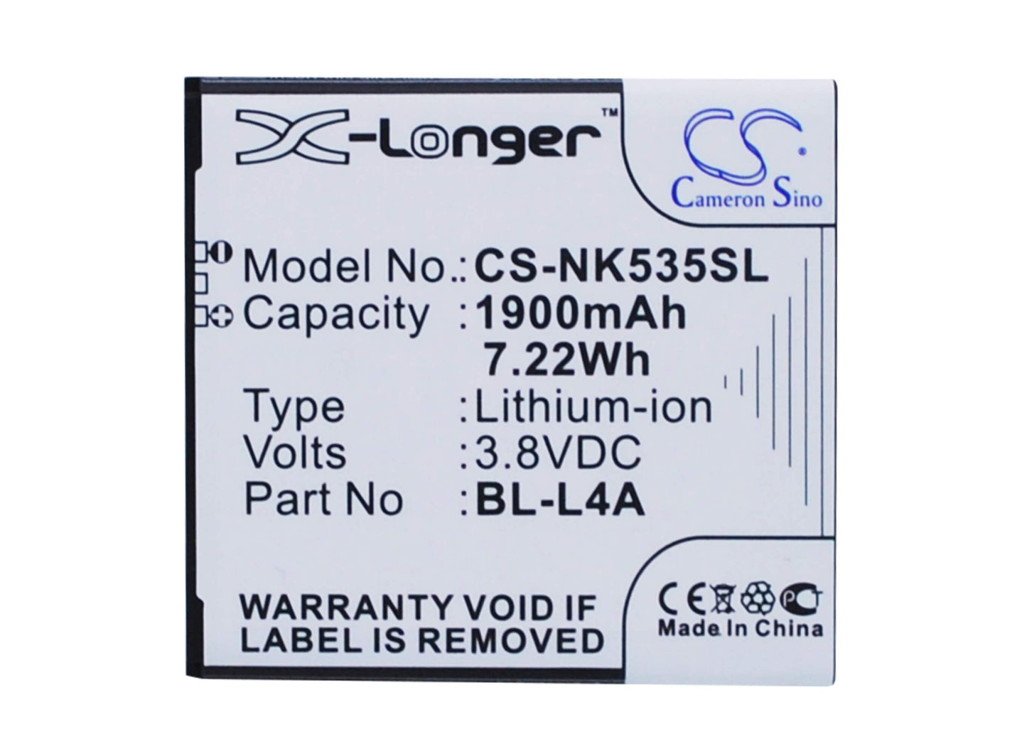 3.8V, 1900mAh, Li-ion Battery fits Microsoft, Lumia 535, Lumia 535 Dual Sim, 7.22Wh