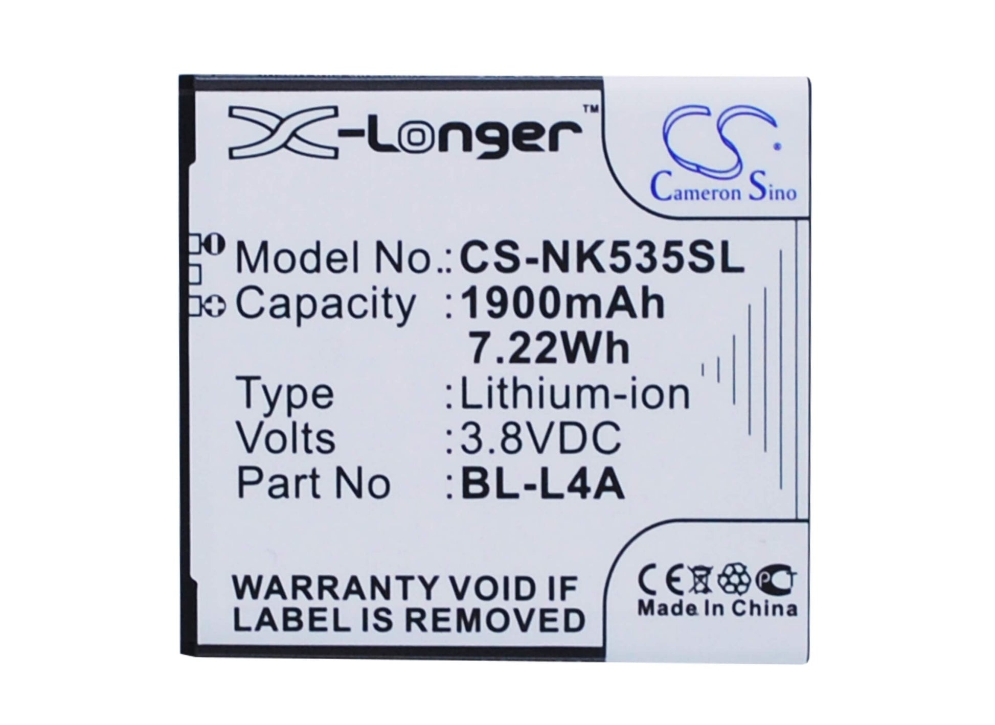 3.8V, 1900mAh, Li-ion Battery fits Nokia, Lumia 535, Lumia 535 Dual Sim, 7.22Wh