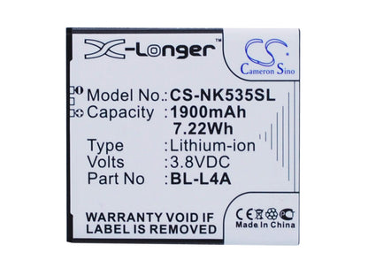 3.8V, 1900mAh, Li-ion Battery fits Nokia, Lumia 535, Lumia 535 Dual Sim, 7.22Wh