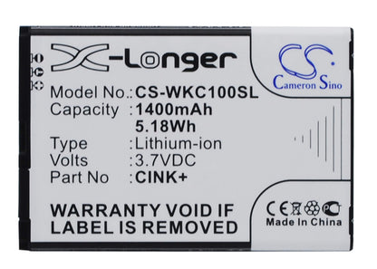 3.7V, 1400mAh, Li-ion Battery fits Wiko, Cink, Cink+, 5.18Wh