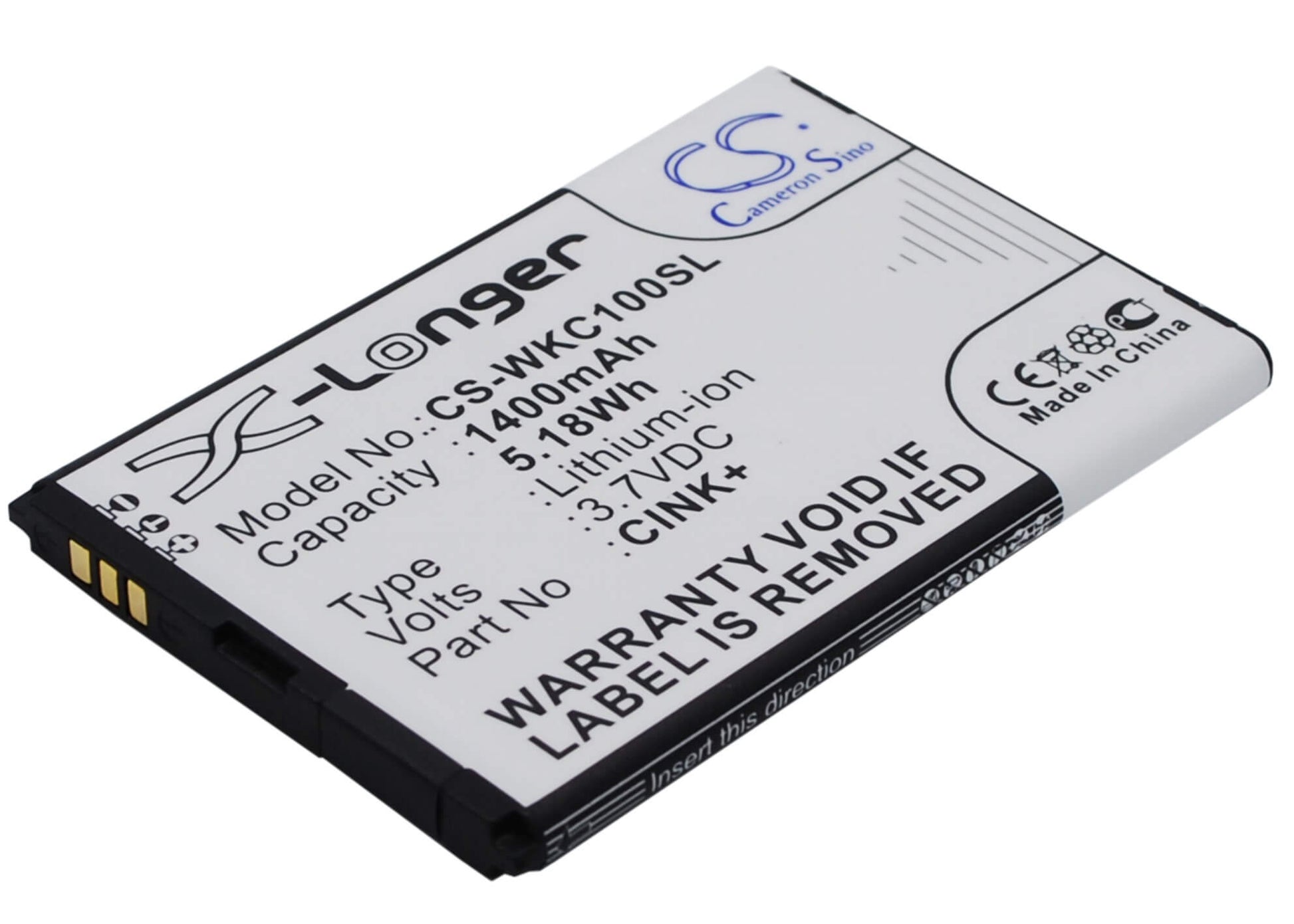 3.7V, 1400mAh, Li-ion Battery fits Wiko, Cink, Cink+, 5.18Wh
