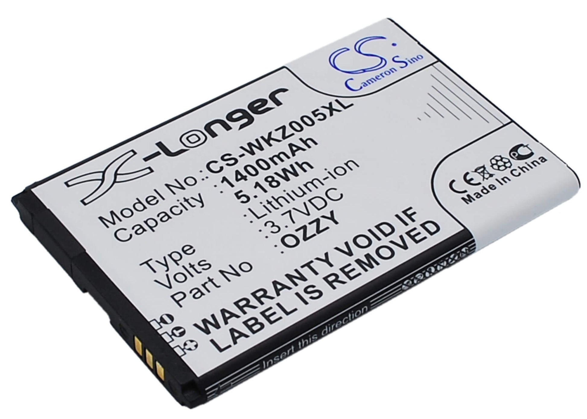 3.7V, 1400mAh, Li-ion Battery fits Wiko, Ozzy, Ozzy Double Sim, 5.18Wh