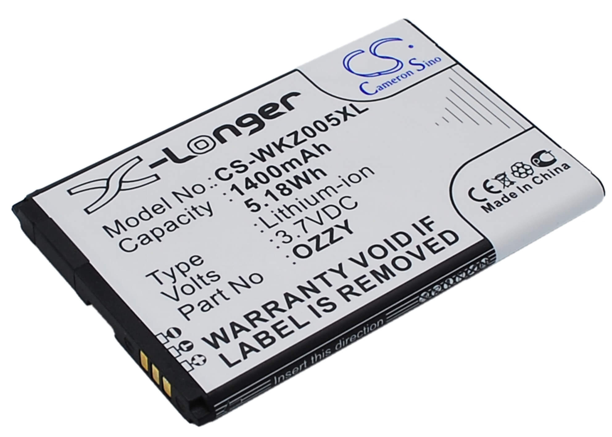 3.7V, 1400mAh, Li-ion Battery fits Wiko, Ozzy, Ozzy Double Sim, 5.18Wh