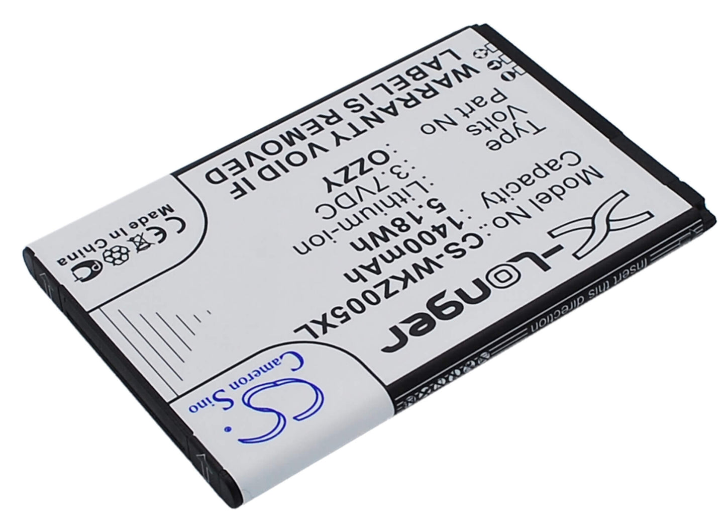3.7V, 1400mAh, Li-ion Battery fits Wiko, Ozzy, Ozzy Double Sim, 5.18Wh