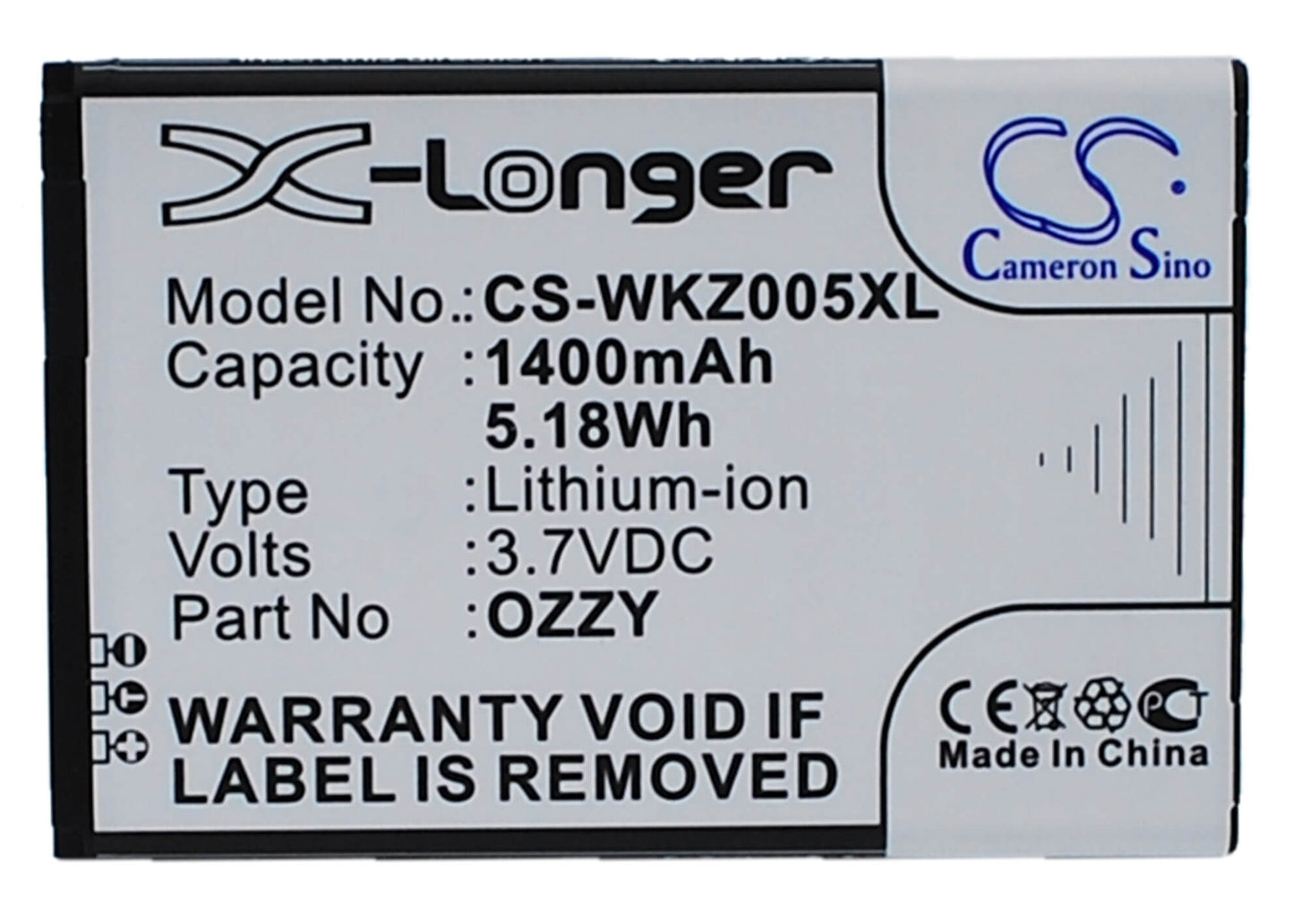 3.7V, 1400mAh, Li-ion Battery fits Wiko, Ozzy, Ozzy Double Sim, 5.18Wh