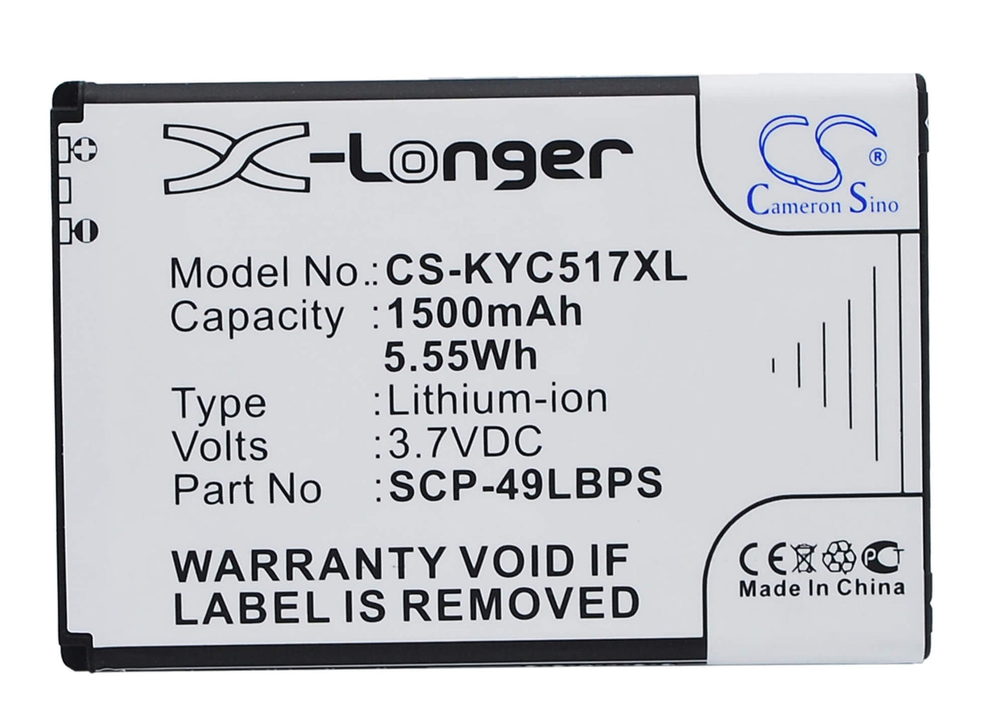 3.7V, 1500mAh, Li-ion Battery fits Kyocera, C5155, C5170, 5.55Wh