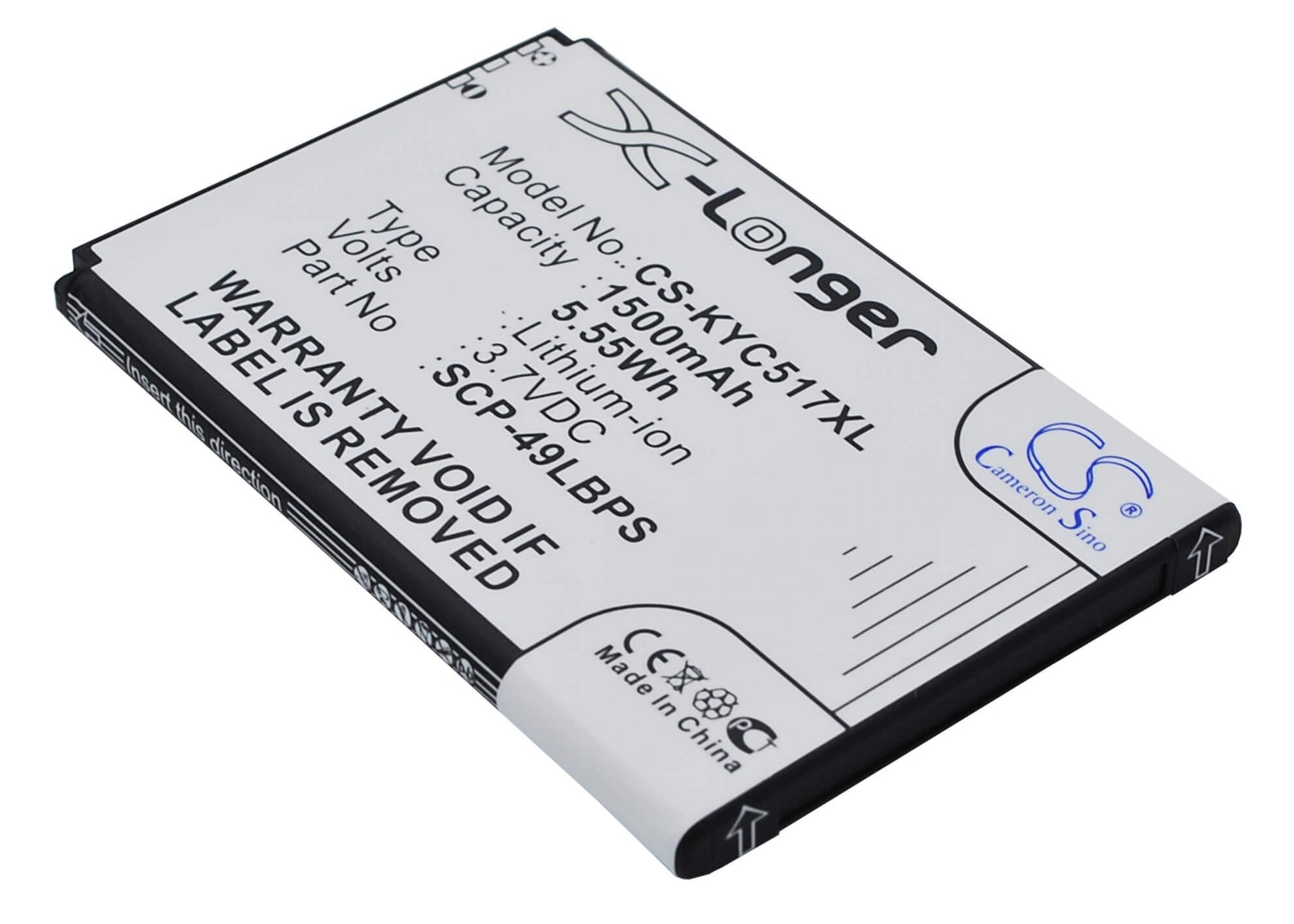 3.7V, 1500mAh, Li-ion Battery fits Kyocera, C5155, C5170, 5.55Wh