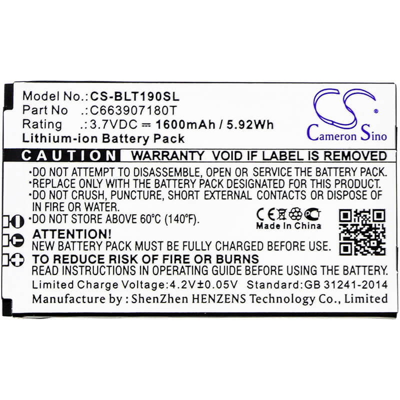 3.7V, 1600mAh, Li-ion Battery fits Blu, T190, T190i, 5.92Wh
