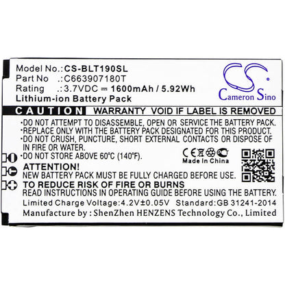 3.7V, 1600mAh, Li-ion Battery fits Blu, T190, T190i, 5.92Wh