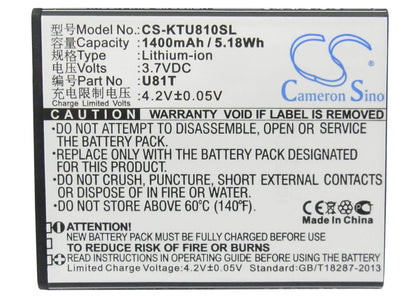 3.7V, 1400mAh, Li-ion Battery fits K-touch, U81t, 5.18Wh