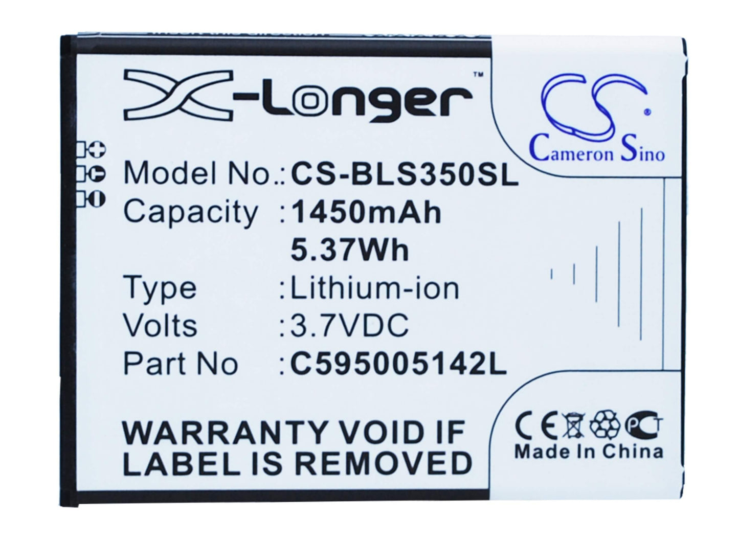 3.7V, 1450mAh, Li-ion Battery fits Blu, S350, Star Jr, 5.365Wh