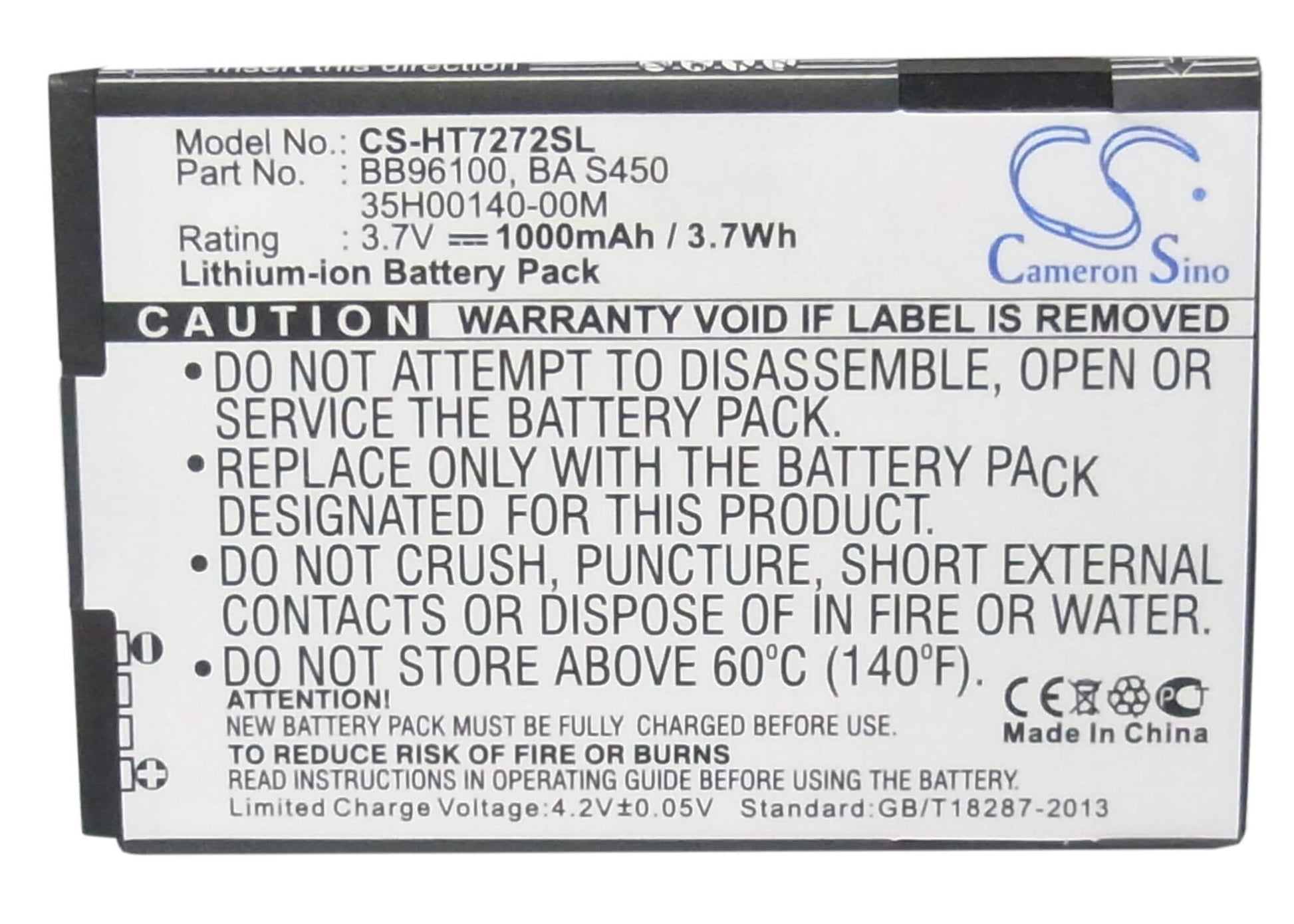 3.7V, 1000mAh, Li-ion Battery fits Htc, 7 Mozart, A315c, 3.7Wh