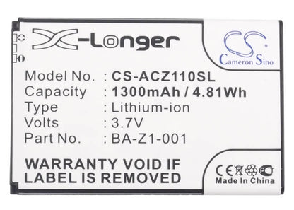 3.7V, 1300mAh, Li-ion Battery fits Acer, Liquid Z110 Dou, Liquid Z120, 4.81Wh