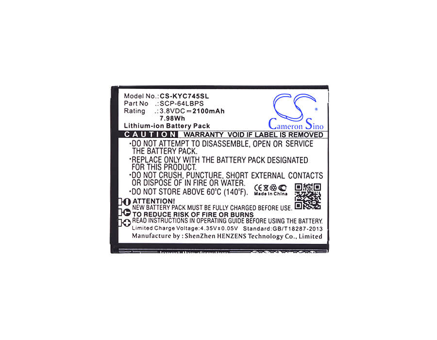 3.8V, 2100mAh, Li-ion Battery fits Kyocera, C6740, C6740 Lte, 7.98Wh