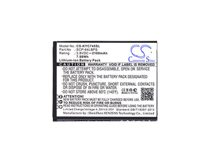 3.8V, 2100mAh, Li-ion Battery fits Kyocera, C6740, C6740 Lte, 7.98Wh