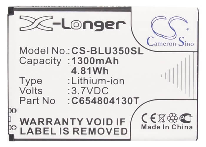 3.7V, 1300mAH, Li-ion Battery fits Blu, D170, Dash 3.5, 4.81Wh