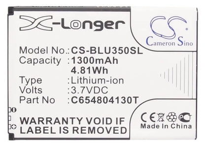 3.7V, 1300mAH, Li-ion Battery fits Blu, D170, Dash 3.5, 4.81Wh