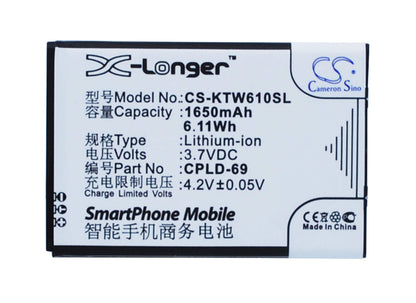 3.7V, 1650mAh, Li-ion Battery fits Coolpad, 8809, 6.105Wh