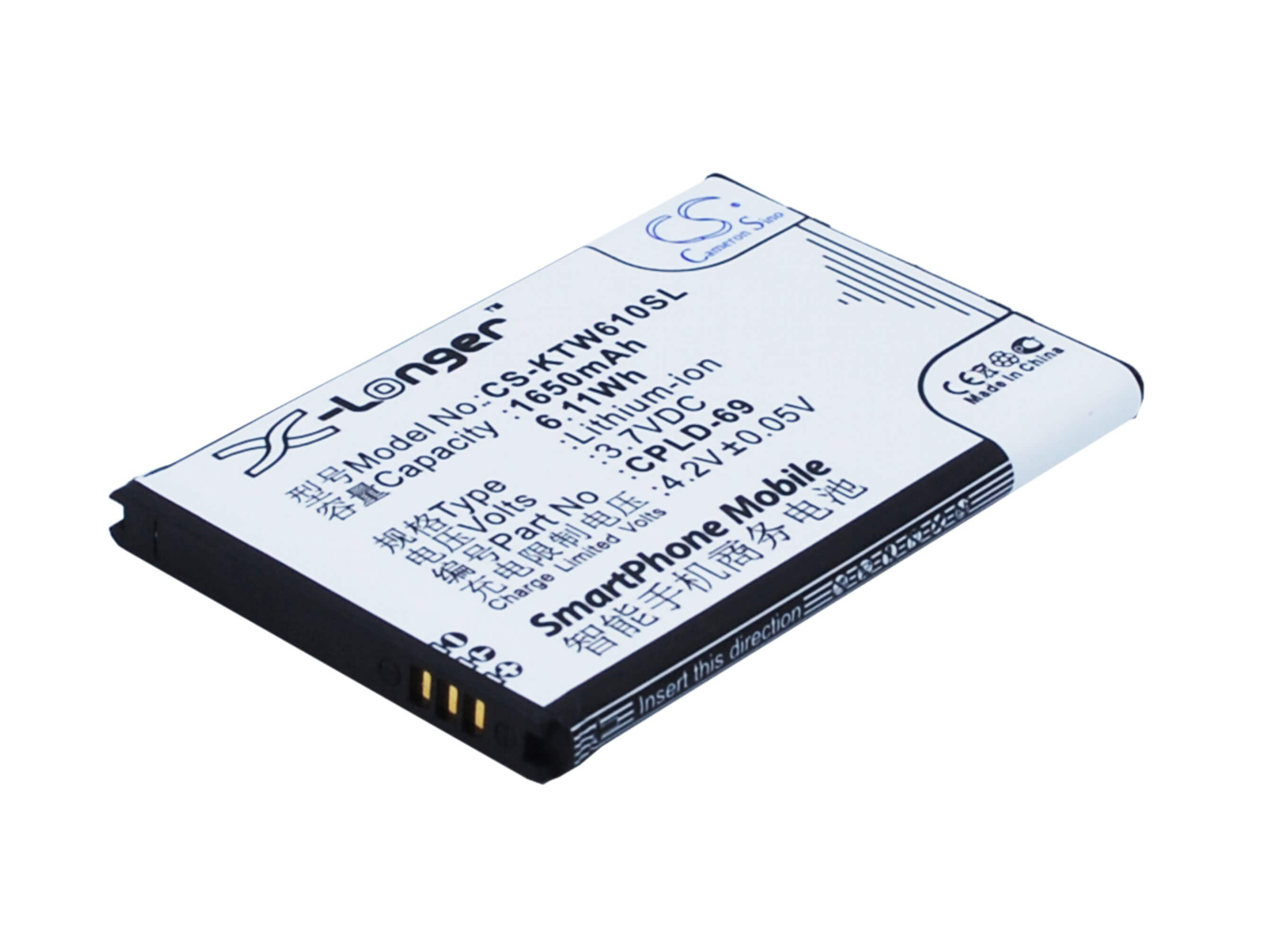 3.7V, 1650mAh, Li-ion Battery fits K-touch, E610, W610, 6.105Wh