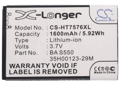 3.7V, 1600mAh, Li-ion Battery fits Htc, 7 Pro, T7576, 5.92Wh