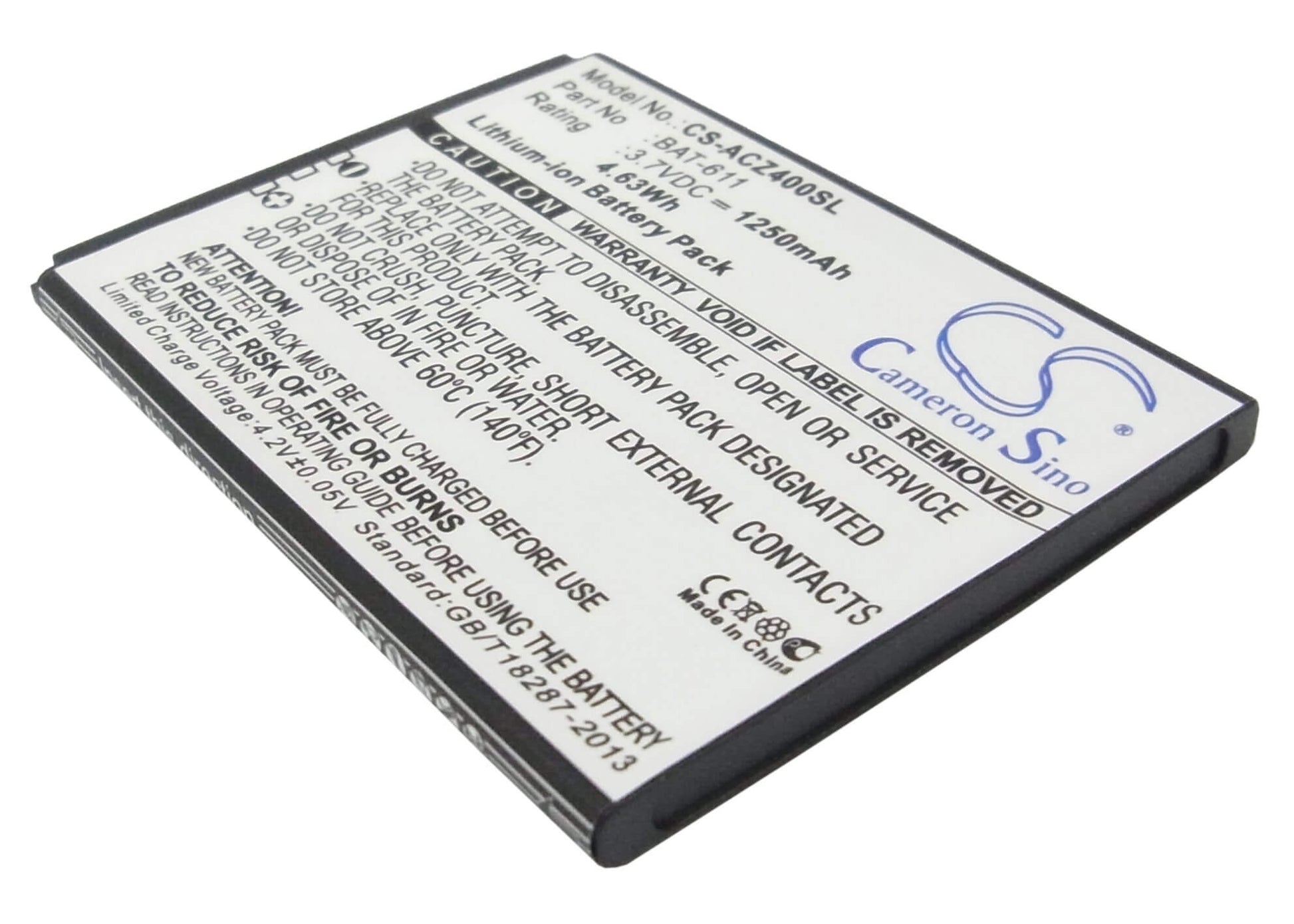 3.7V, 1250mAh, Li-ion Battery fits Acer, Liquid Z4, Z140, 4.625Wh