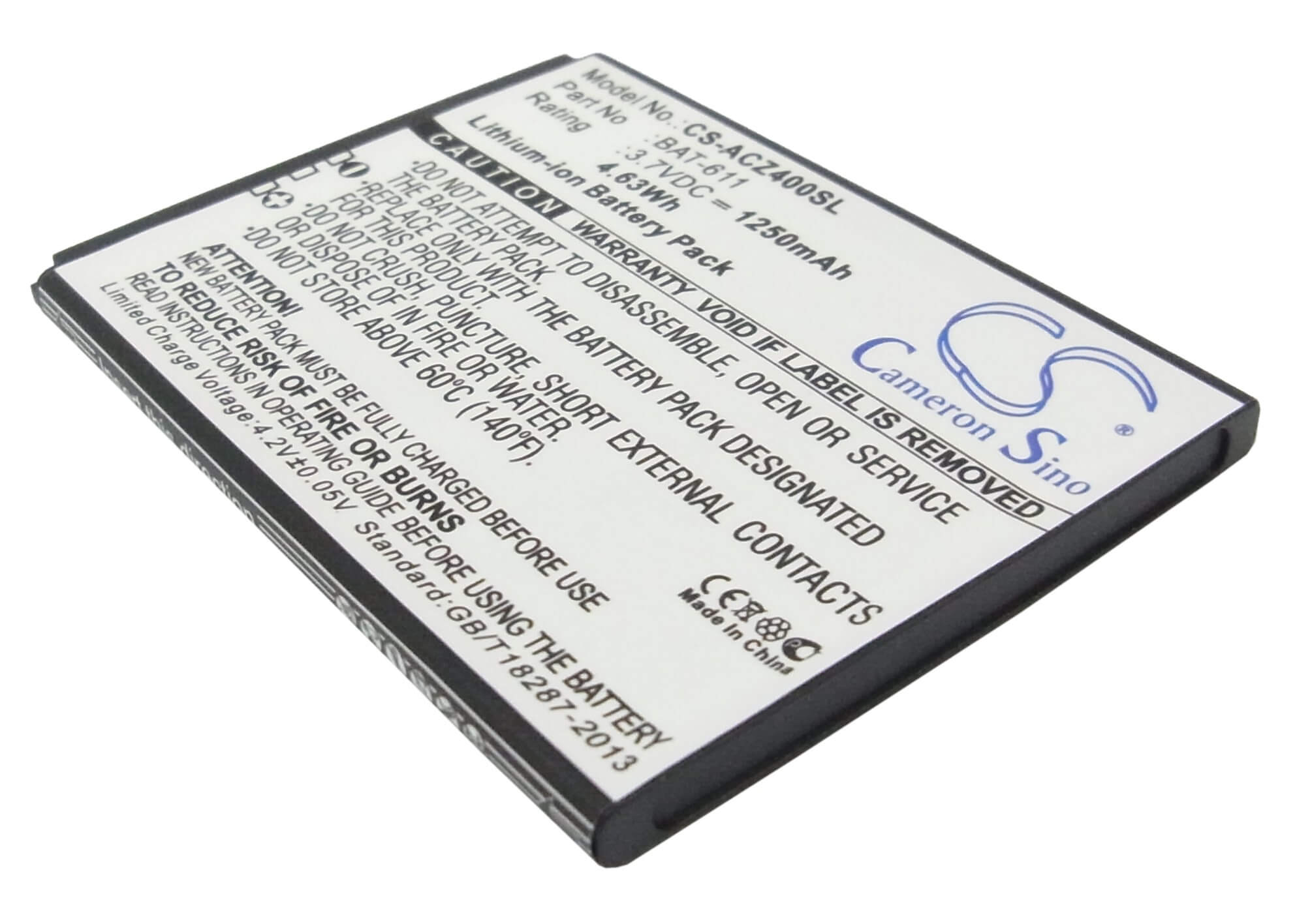 3.7V, 1250mAh, Li-ion Battery fits Acer, Liquid Z4, Z140, 4.625Wh